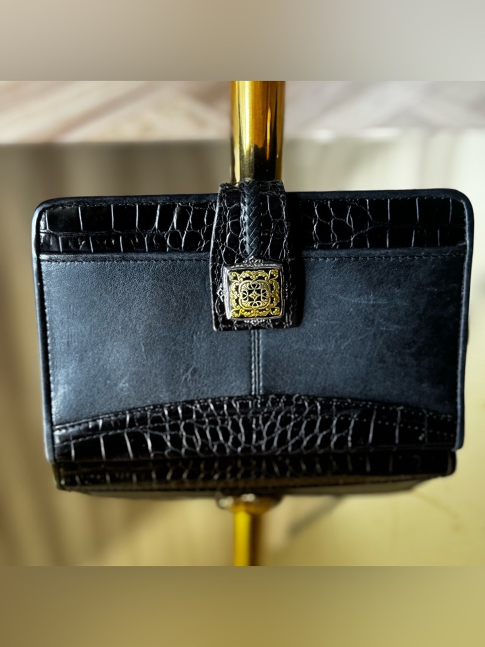 Vintage Brighton Black Leather Wallet Clutch Croc Embossed